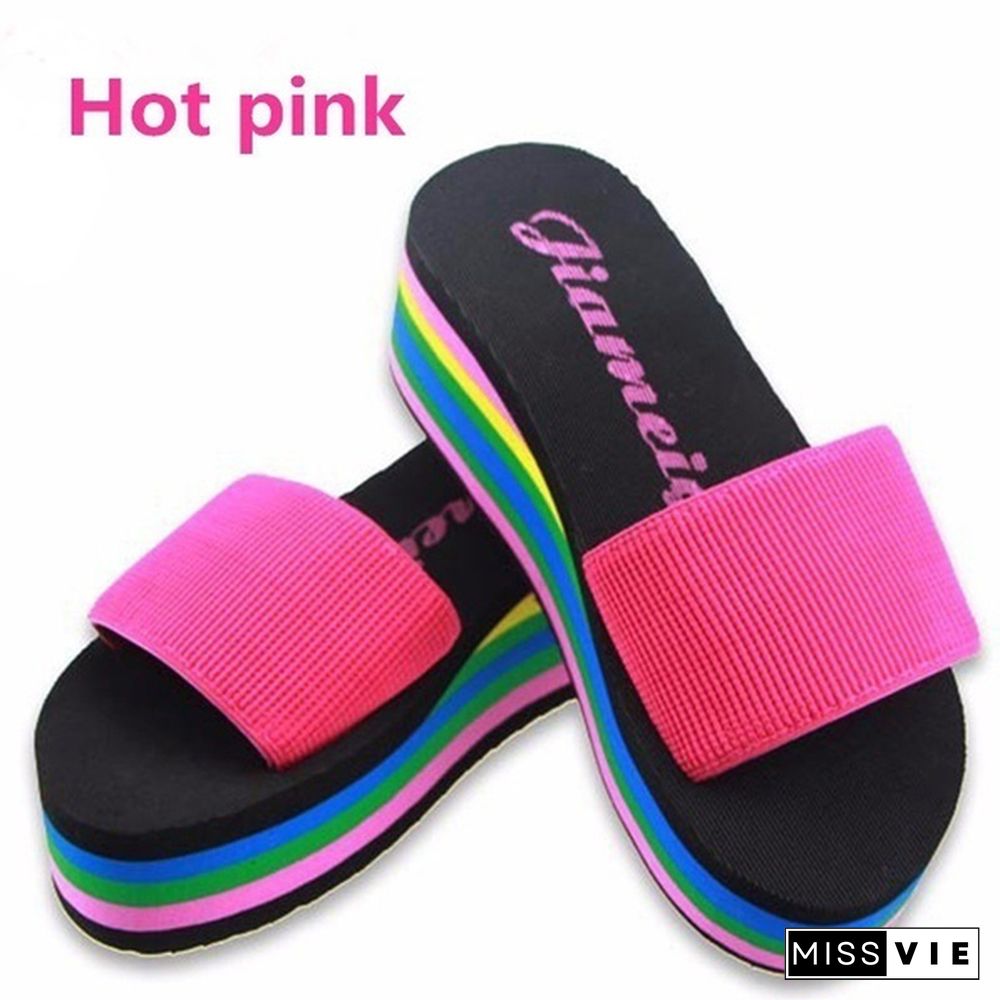 Women Fashion Summer High Heels Sandals Rainbow Non-Slip Thick Soled Slippers Ladies Platform Wedge Beach Slippers