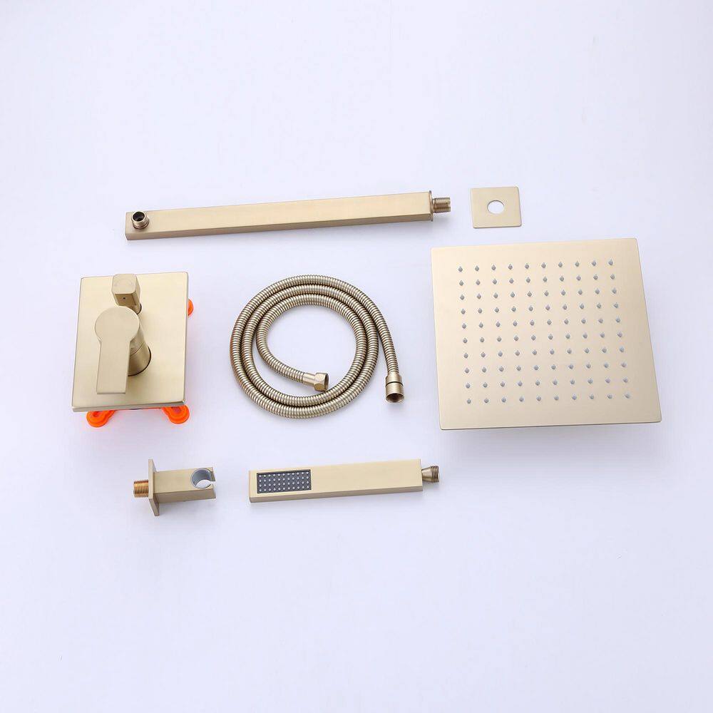 IHOMEadore 1-Spray Square Wall Bar Shower Kit with Hand Shower in Brushed Gold MD-RCS85018BG