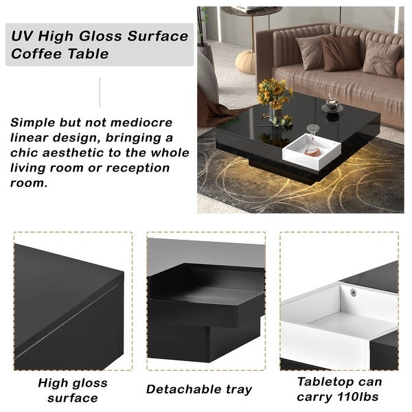 Square Coffee Table with Detachable Tray and Plug-in 16-color LED Strip Lights Remote Control Sofa Table for Living Room