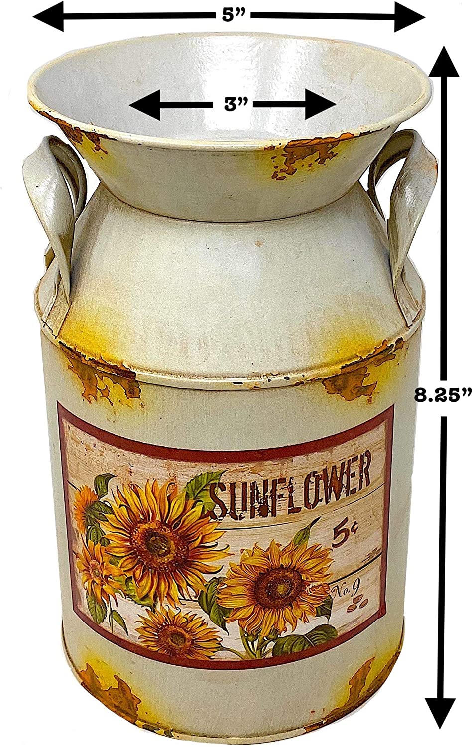 Decorative Milk Can Sunflower Designed Rustic Metal Vase Kitchen Farmhouse Decor Shelf  Counter 8.25 x 5