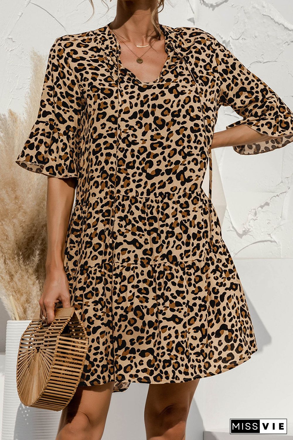 Leopard Print V-neck Stitching Dress Wholesale