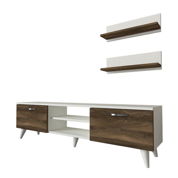 59 Inch Wood TV Console Entertainment Center， 2 Drop Down Doors， 2 Wall Shelves， Walnut， White