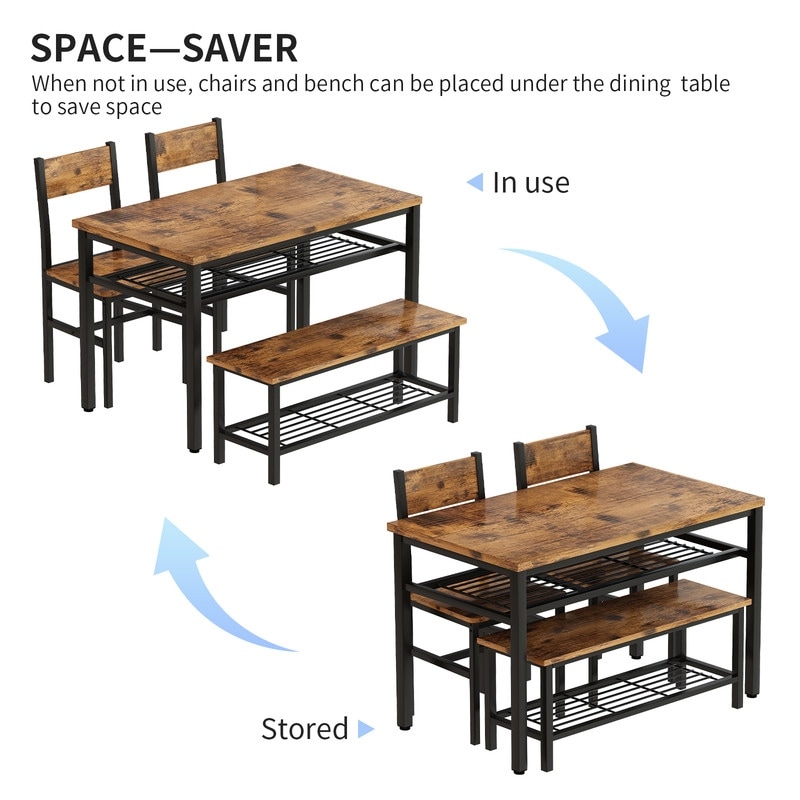 Industrial Dining Table Set for 4  4 Piece Kitchen Table with Bench and Chairs  Rustic Dining Set with Storage Rack