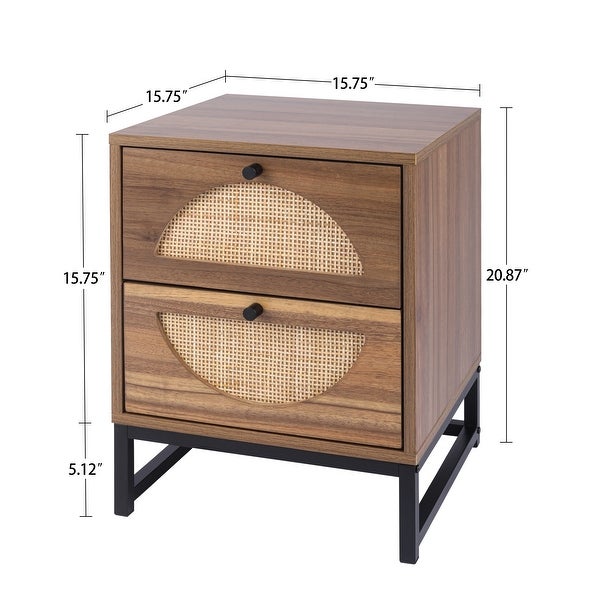 Rattan Nightstand Set of 2， Walnut End Table with 2 Natural Rattan Drawer and Metal Legs