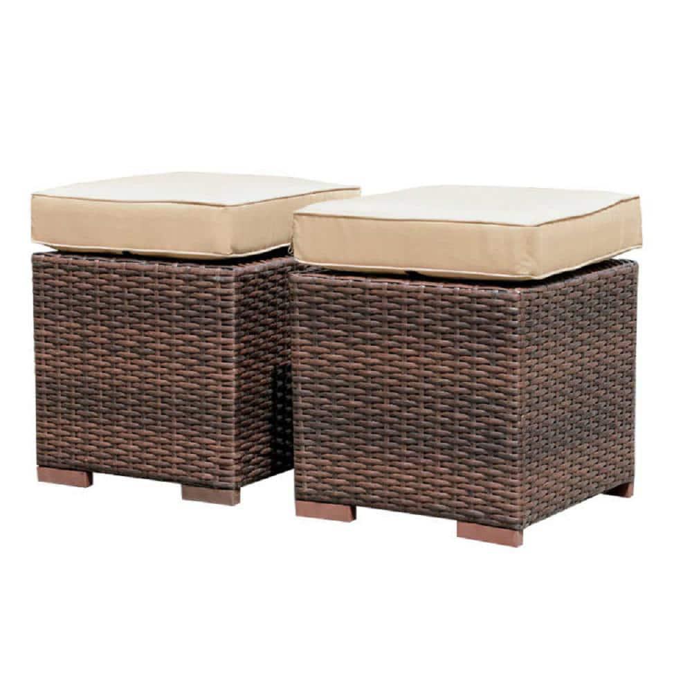 Patiorama 2Piece Wicker Outdoor Patio Ottoman with Brown Cushions