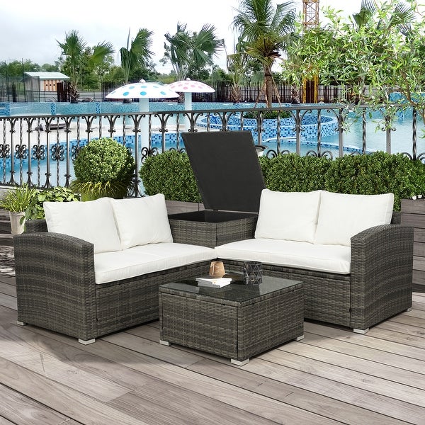 4 Pieces Outdoor Patio Furniture Set with Storage Box and Coffee Table， PE Rattan Wicker Sectional Sofa Set with 4 Back Cushions - Overstock - 37928674