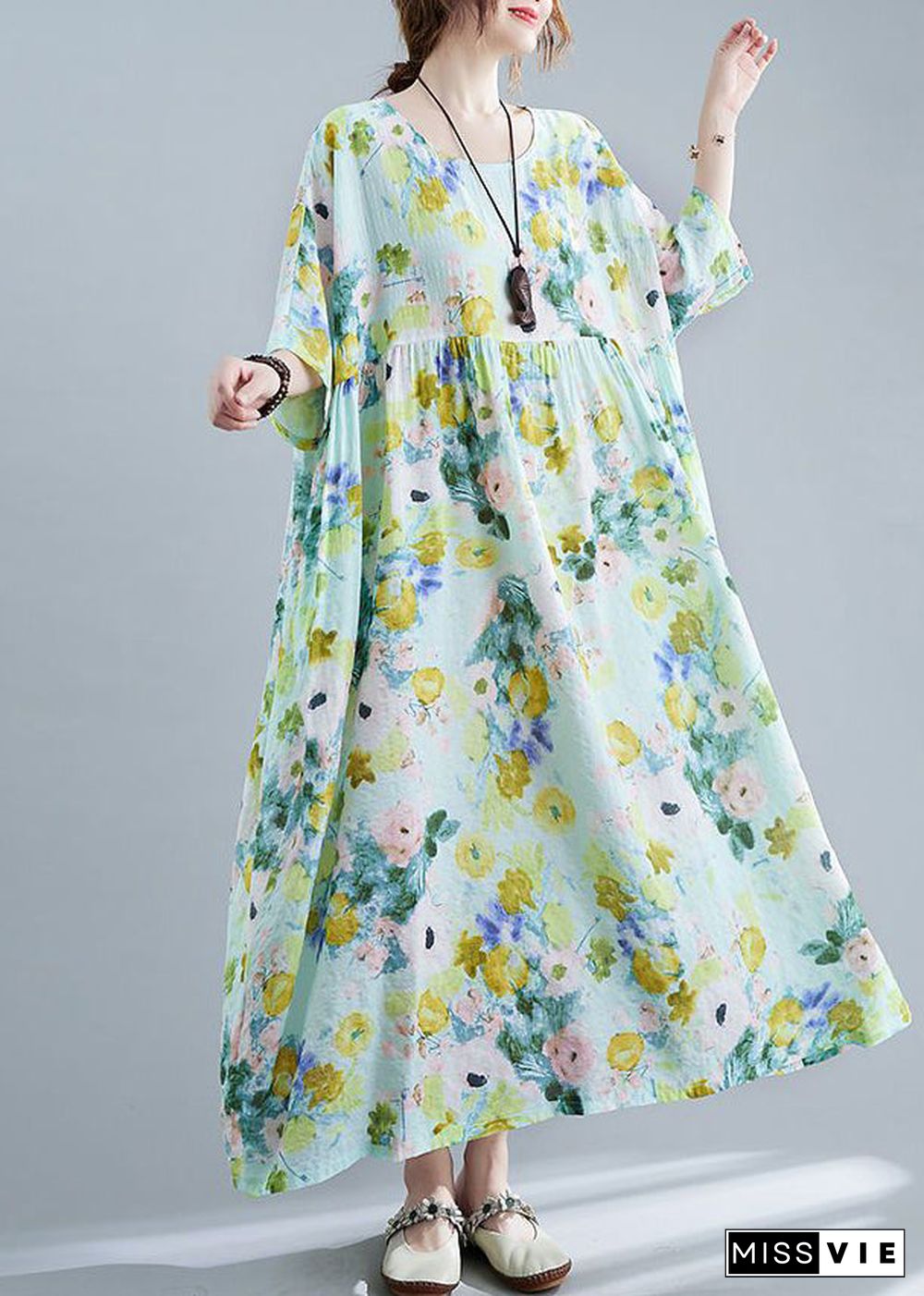 Elegant Green Oversized Print Cotton Maxi Dresses Summer