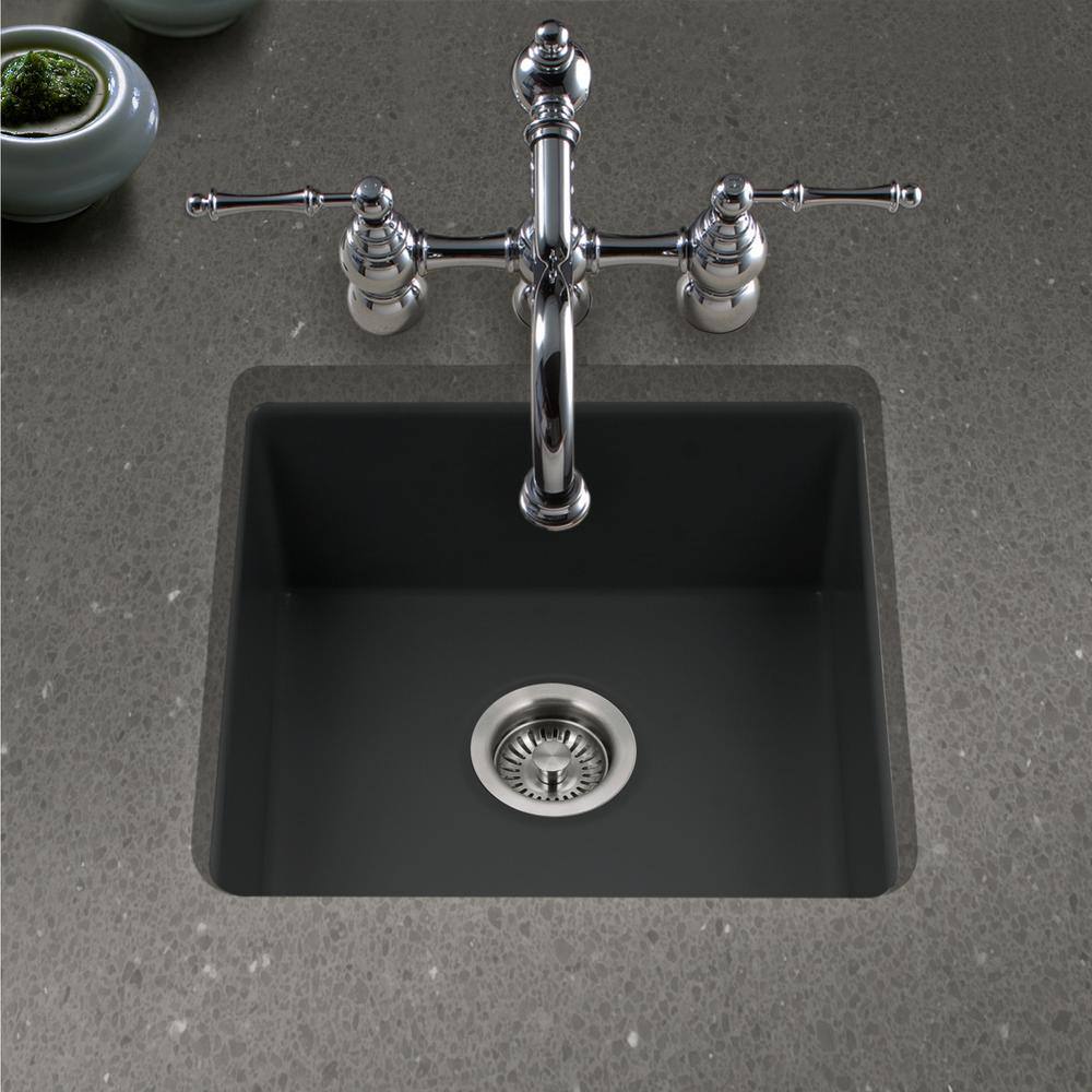 HOUZER Platus Fireclay 19 in. Square Undermount Bar Sink in Black PTB-2020 BL