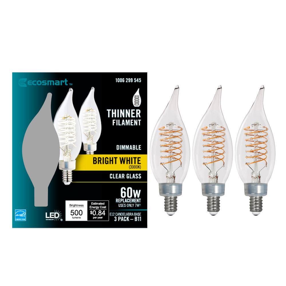 EcoSmart 60-Watt Equivalent BA11 Dimmable E12 Candelabra Fine Bendy Filament LED Vintage Edison Light Bulb Bright White (3-Pack) BA11C7E12830S