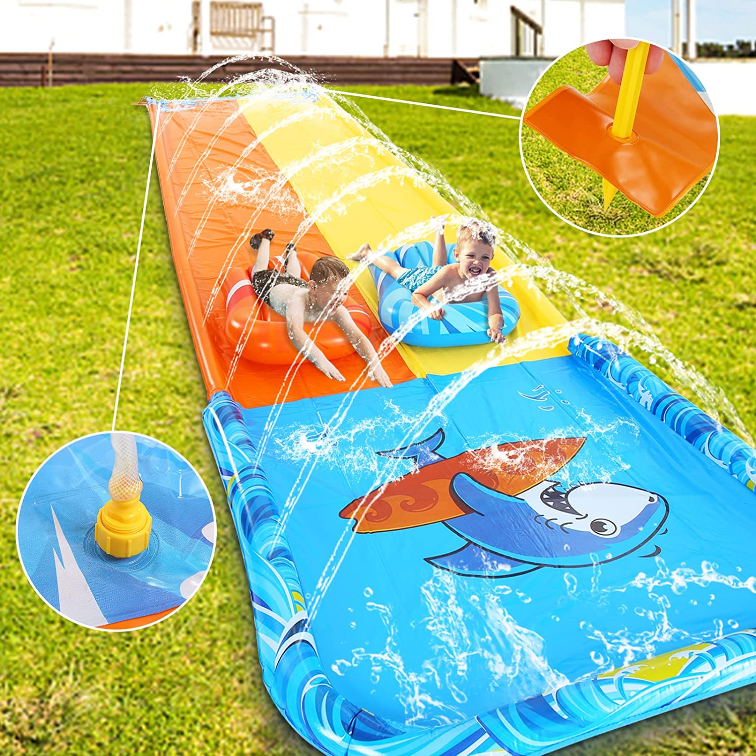 Terra Slip and Slide Water Slide for Kids, Inflatable Water Splash Slide Toys with 2 Body boards Lanes Slip For Summer Fun Play