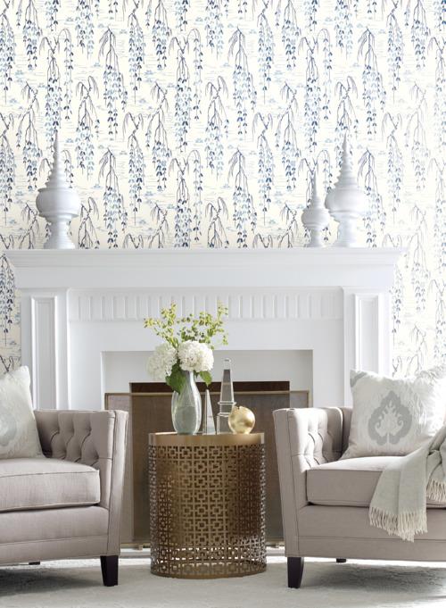 Willow Branches Wallpaper in Ivory, Black, and Gold from the Tea Garden Collection