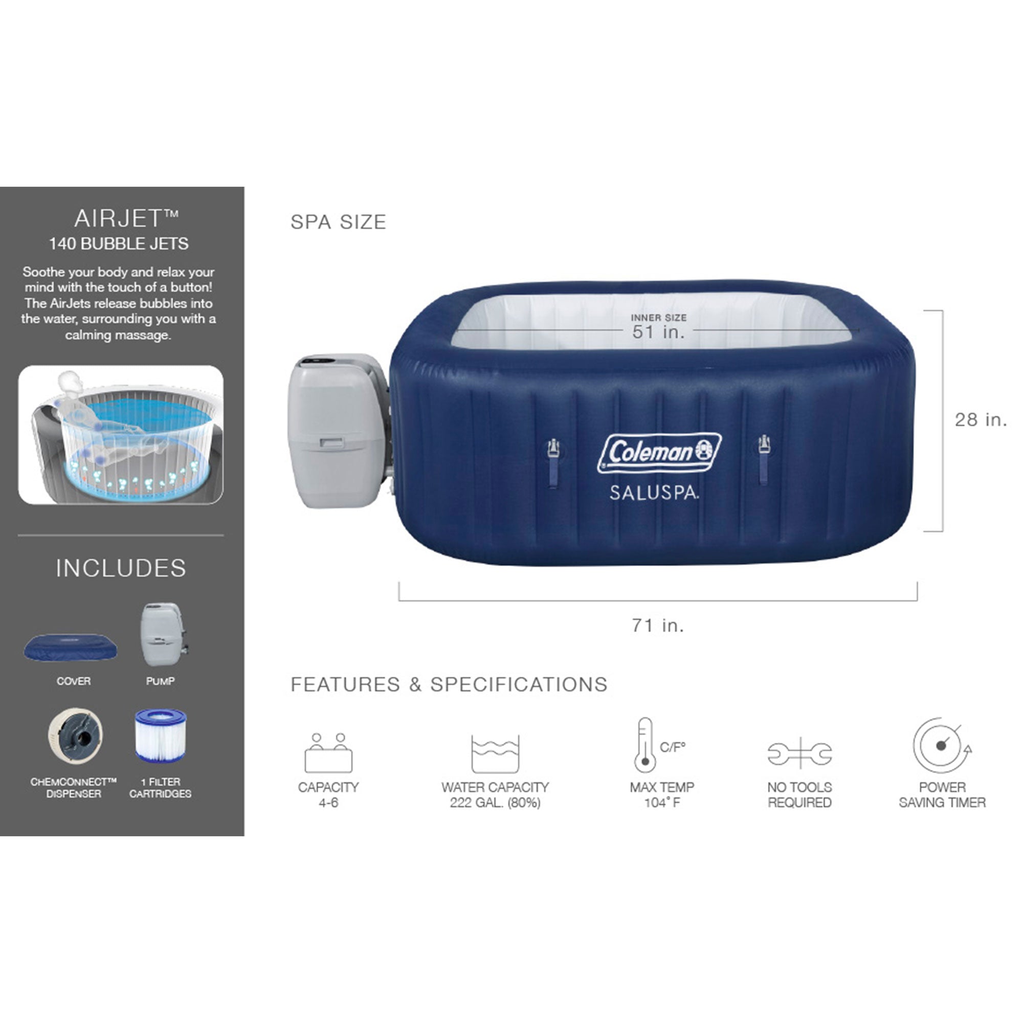 Coleman Atlantis SaluSpa 140 AirJet Square 4-6 Person Inflatable Hot Tub, Blue