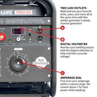 Tomahawk Power 210 Amp DC Multi Process MMA TIG Stick Welder Generator w 15 HP 2000-Watt Electric Start Inverter Engine Driven Welder TWG210A