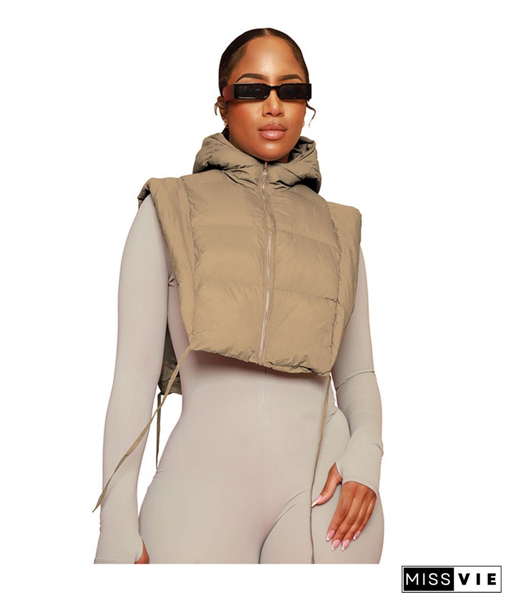 Side Split Bandage Crop Tops Sleeveless Parkas Jacket