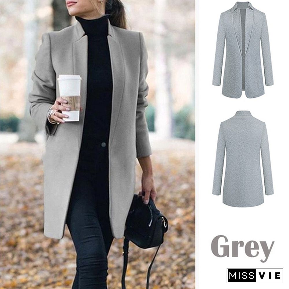 Autumn Winter Women's Fashion Lapel Open Front Slim Fit Overcoat Elegant Solid Color Mid Long Coat Classic Retro Blazer Cardigan Outwear