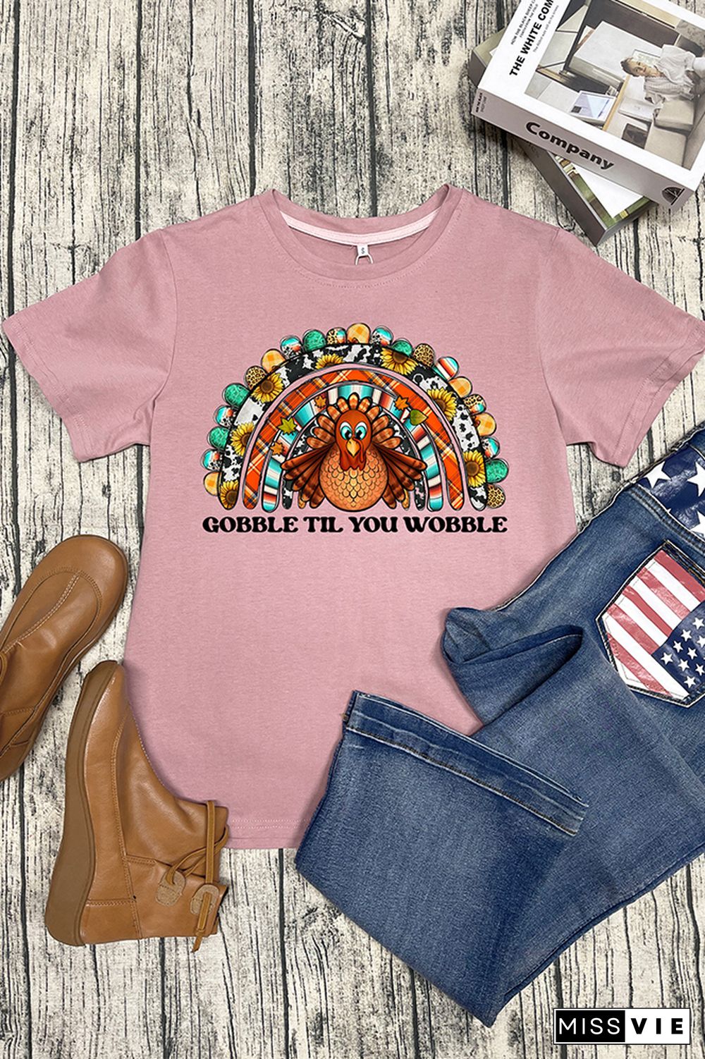 Thanksgiving Turkey Rainbow Printed Graphic Tees for Women Wholesale Short Sleeve T shirts Top