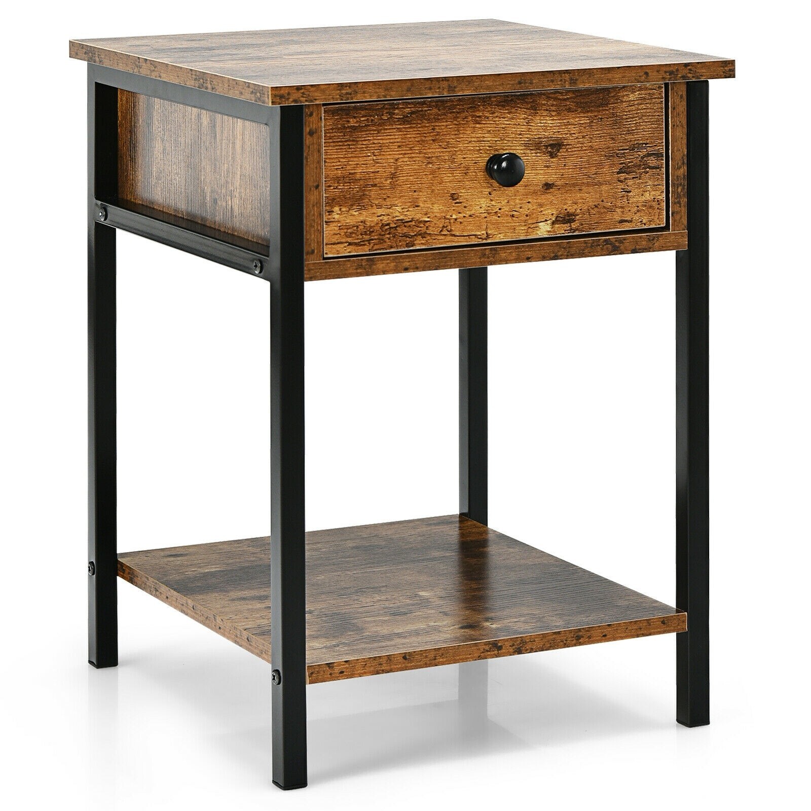 Industrial End Side Table Nightstand with Drawer Shelf - 16'' x 16'' x 22'' (L x W x H)