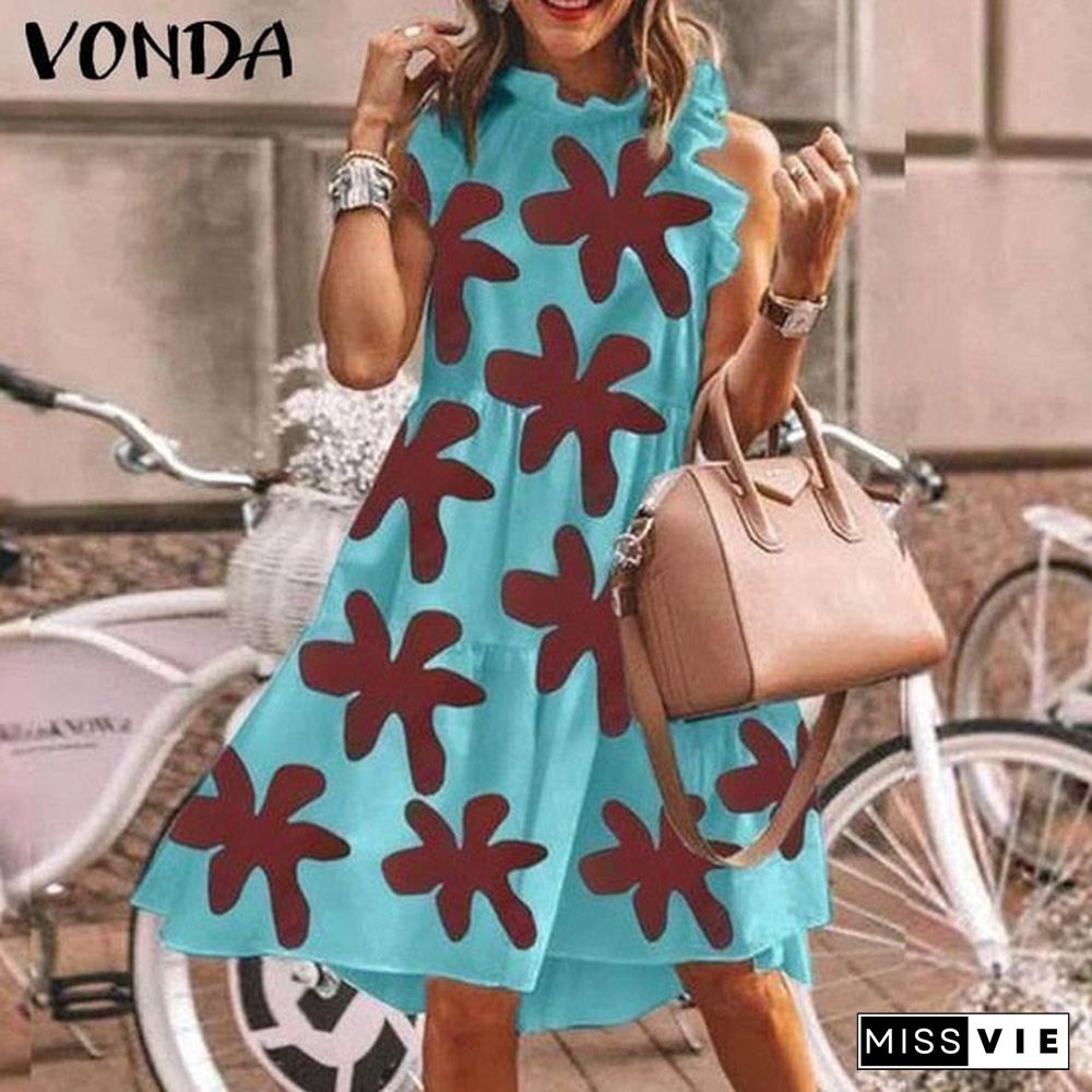 Summer Short Dress Women Sexy Sleeveless Ruffled Dress Beach Holiday Sundress VONDA Bohemian Vestidos Plus Size Robe Femme