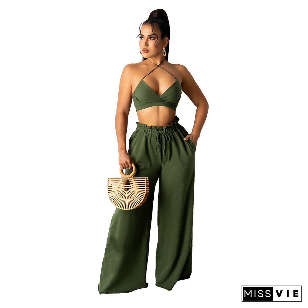 Lace Up Halter Bra Crop Top+Wide Leg Pant Suits