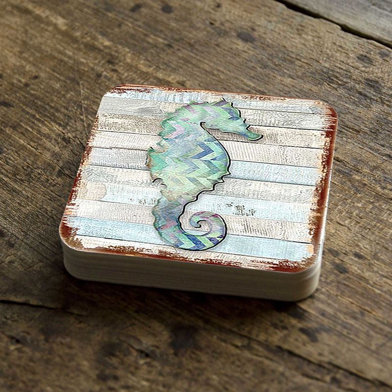 Seahorse Coastal Wooden Cork Coasters Gift Set of 4 by Nature Wonders