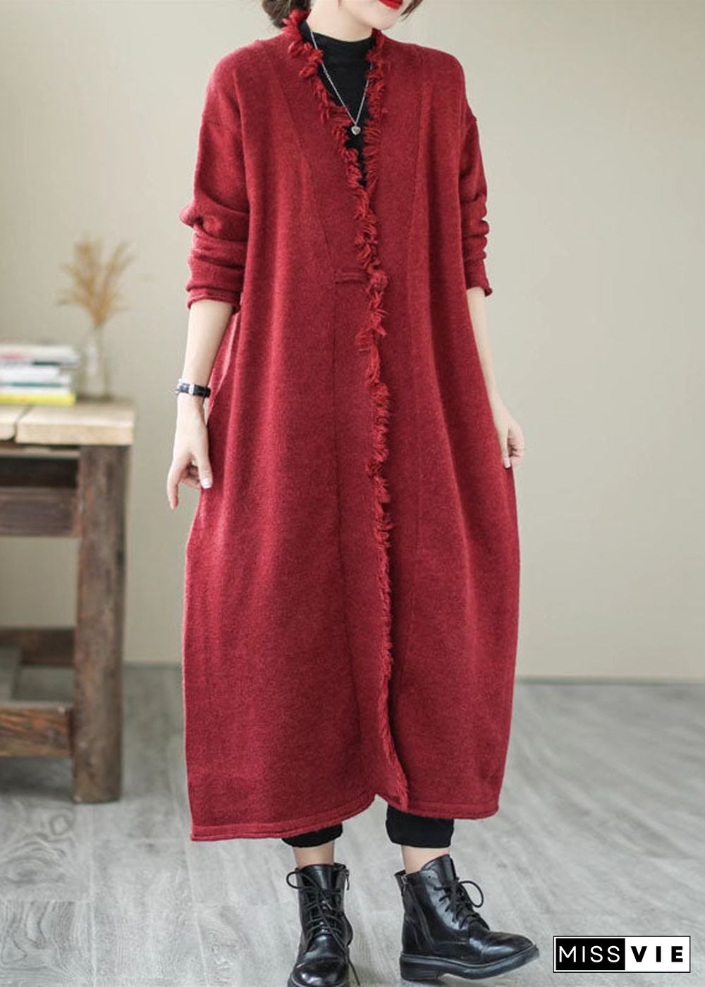 Unique Mulberry Tasseled Pockets Knit Spring Coat