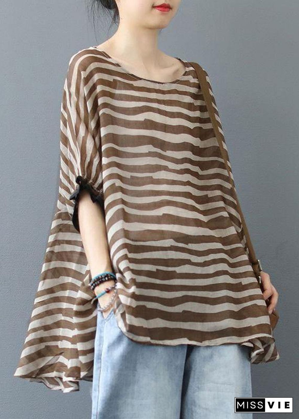 Elegant Chocolate Striped Clothes For Women O Neck Midi  Blouse