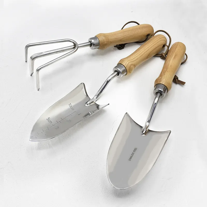 Hot Sell Wood Handle Stainless Steel  3Pcs Garden Hand Tool Set Garden Shovel Rake Customized Packaging