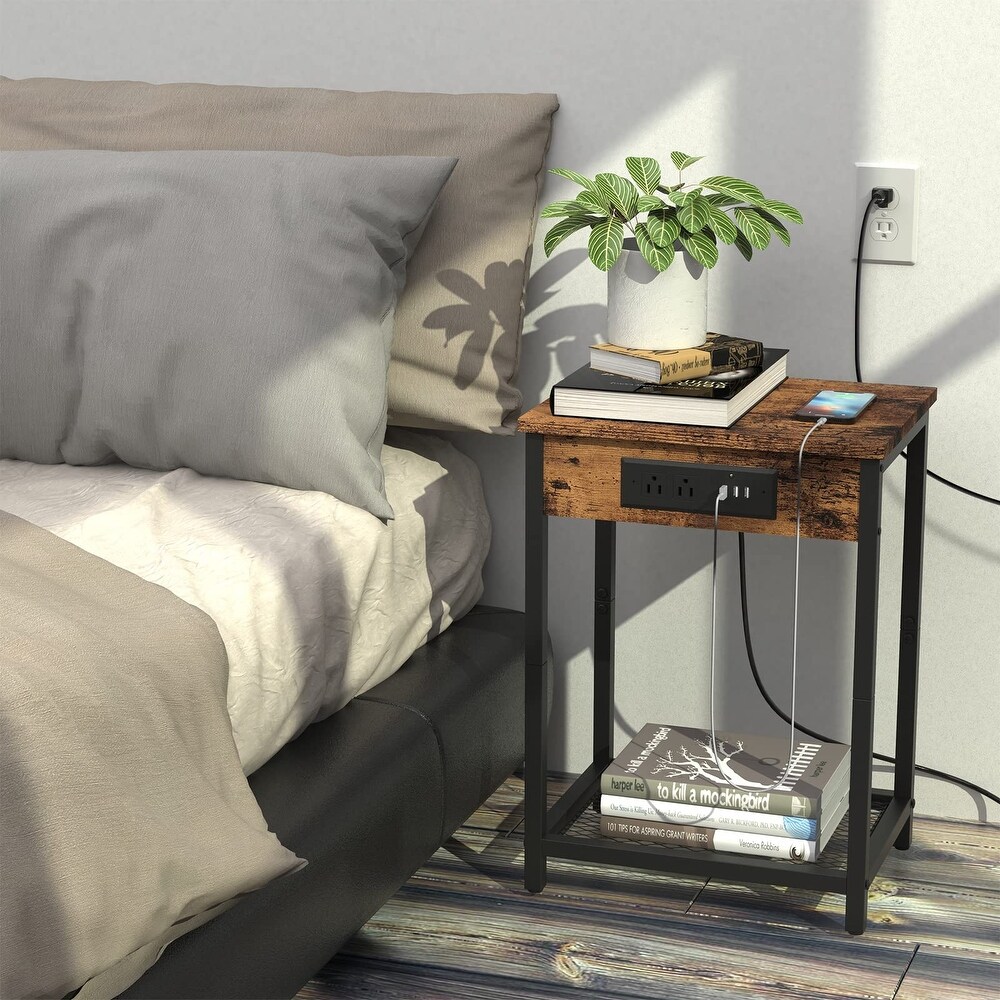 Nightstand with Charging Station Set of 2 Side End Table with USB Ports and Power Outlets Industrial Bedside