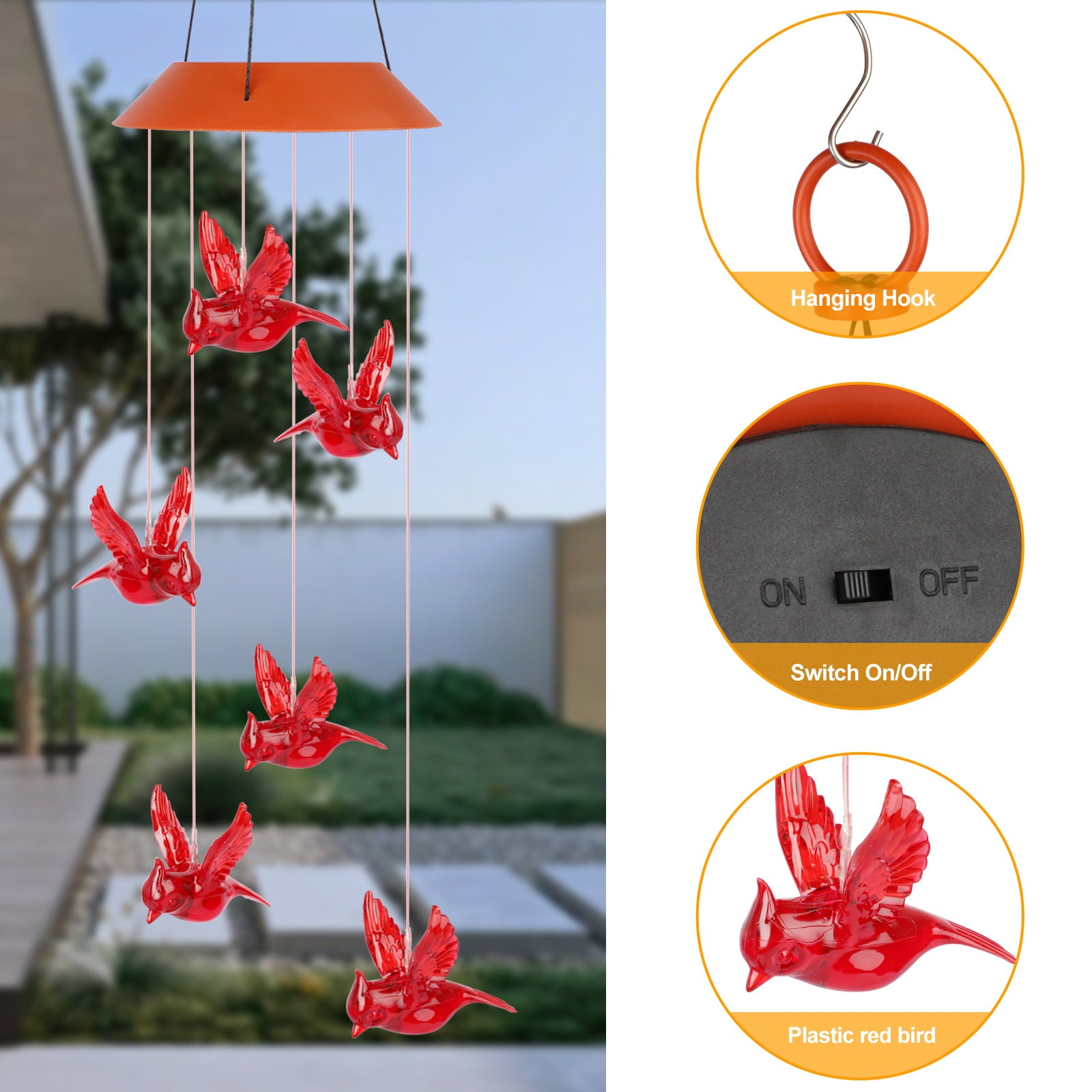 EEEkit Solar Cardinal Red Bird Wind Chime Lights， LED Cardinal Mobile Wind Chimes with S Hook， IP65 Waterproof for Patio Deck Yard Garden Home Decor