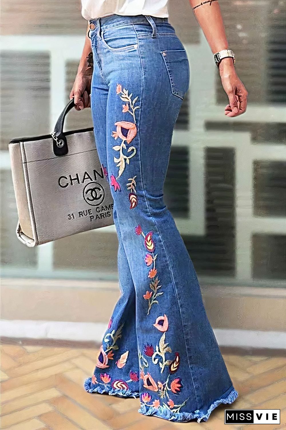 Floral Embroidery Raw Hem Mid Rise Flare Jeans