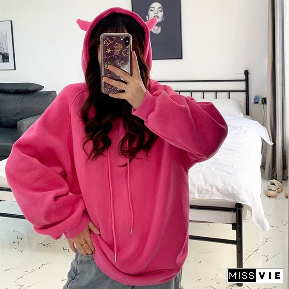 Korean Style Women Hoodies Solid Color Sweetshirt Cute Loose Pullover Hooded Sweatshirt Long Sleeve Jacket Kawaii Clothes