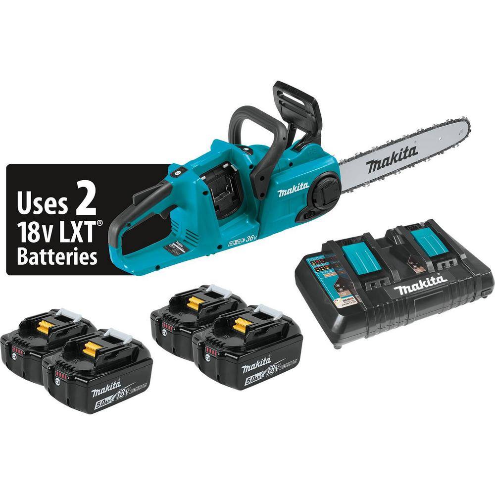 Makita LXT 14 in. 18V X2 (36V) Lithium-Ion Brushless Battery Chain Saw Kit with Four 5.0 Ah Batteries and Charger XCU03PT1