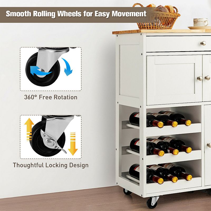 Kitchen Cart with Rubber Wood Top 3 Tier Wine Racks 2 Cabinets