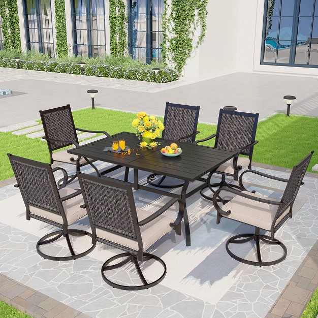 7pc Patio Dining Set With 360 Swivel Chairs With Cushions And Rectangle Steel Table Captiva Designs