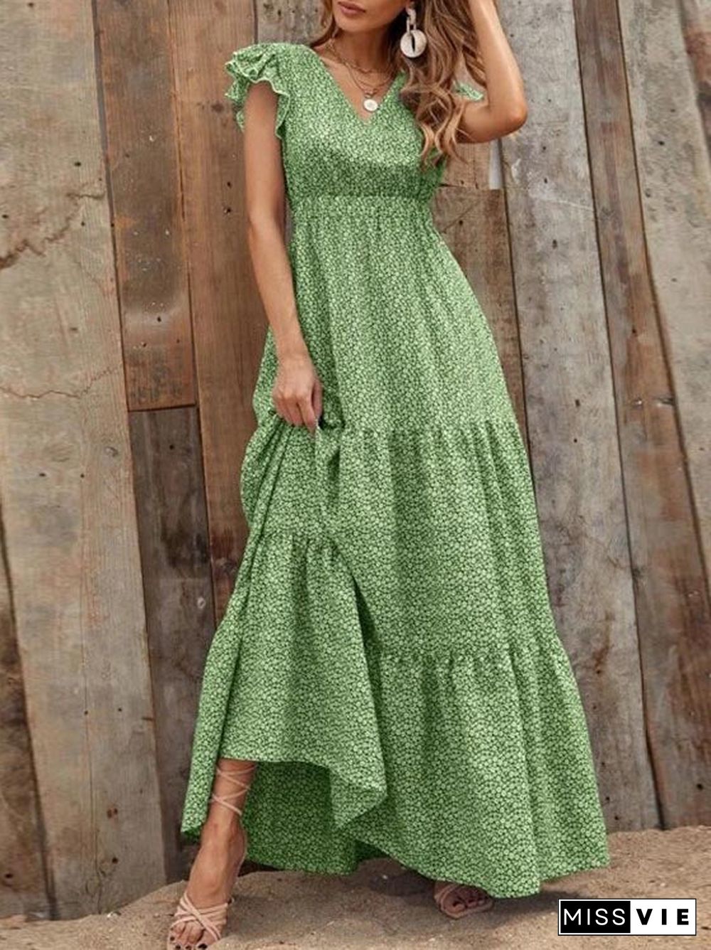 Ruffle Sleeve High Waist V Neck Maxi Dress