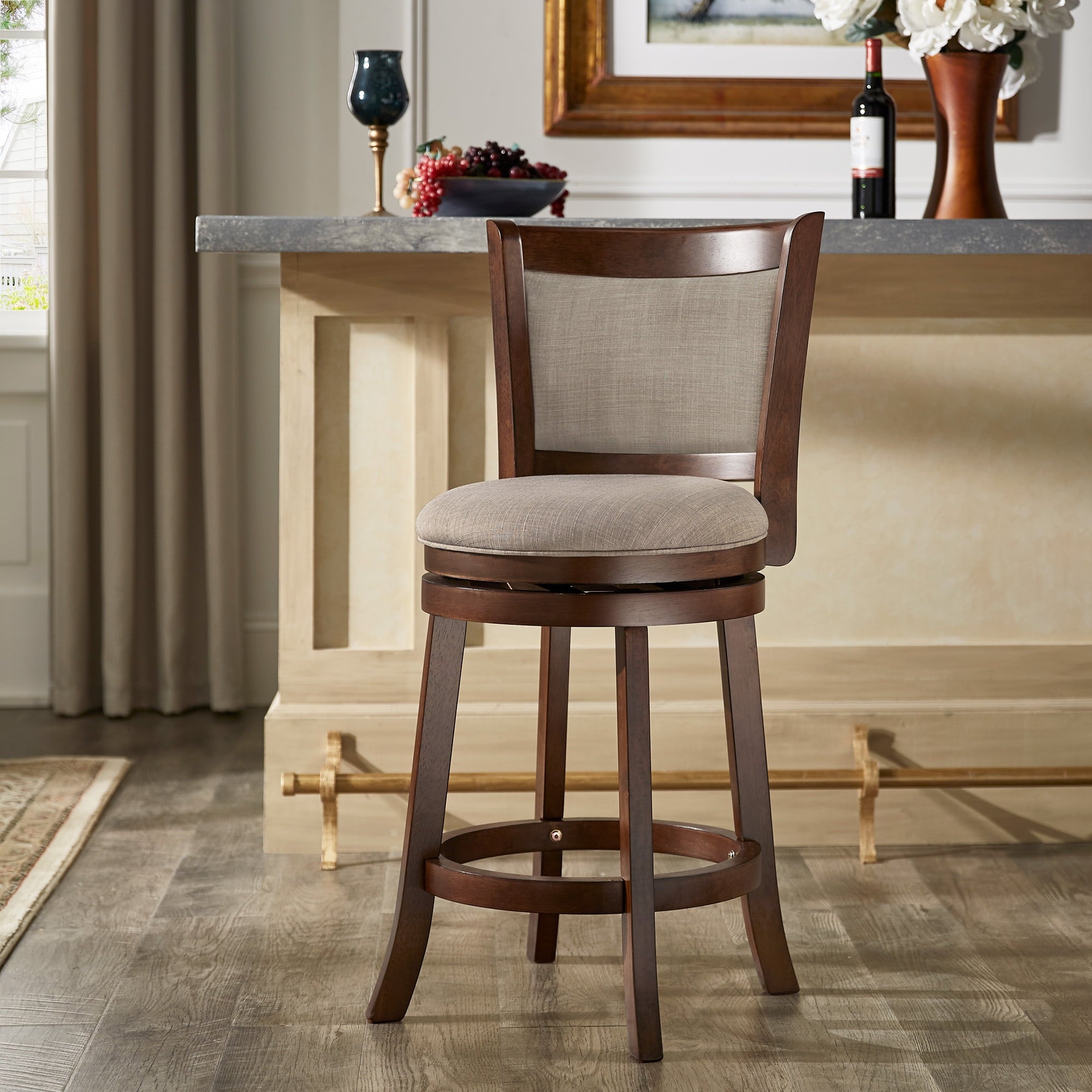 Cherry Finished Padded Swivel Counter Height Stool， Gray Linen