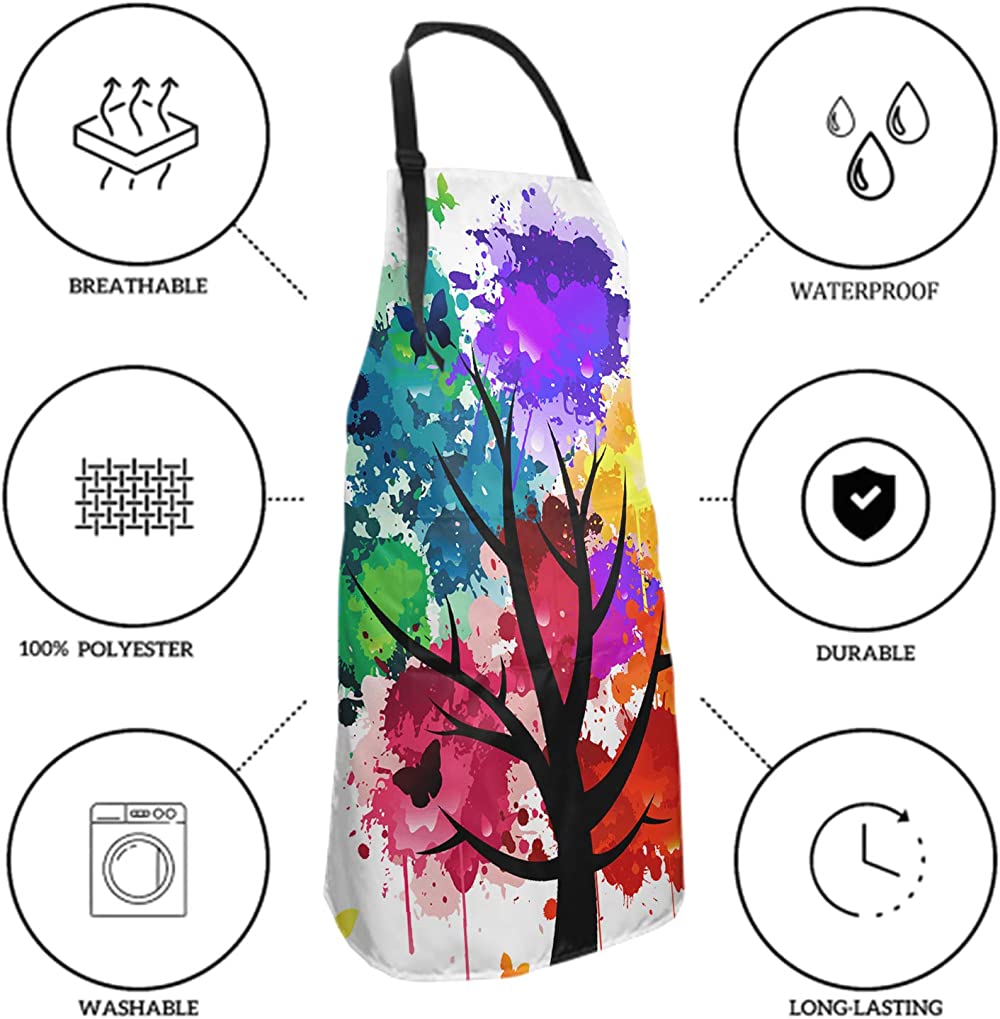 Colorful Artist Apron with 2 Pockets Art Tree Butterfly Aprons Smocks Waterproof Polyester for Kitchen Garden Painting