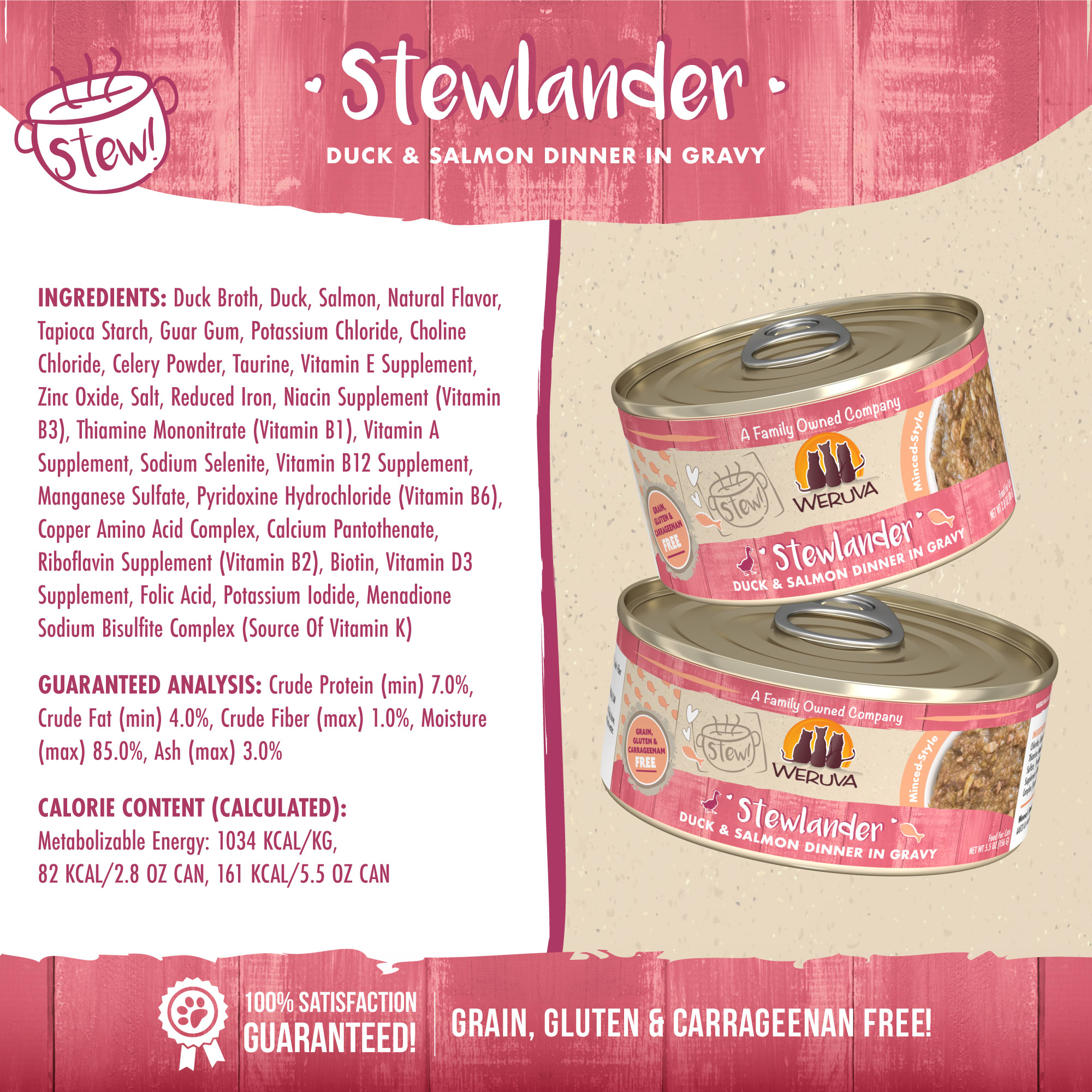 Weruva Stew! Stewlander Duck  Salmon Dinner in Gravy Wet Cat Food， 2.8 oz.， Case of 12