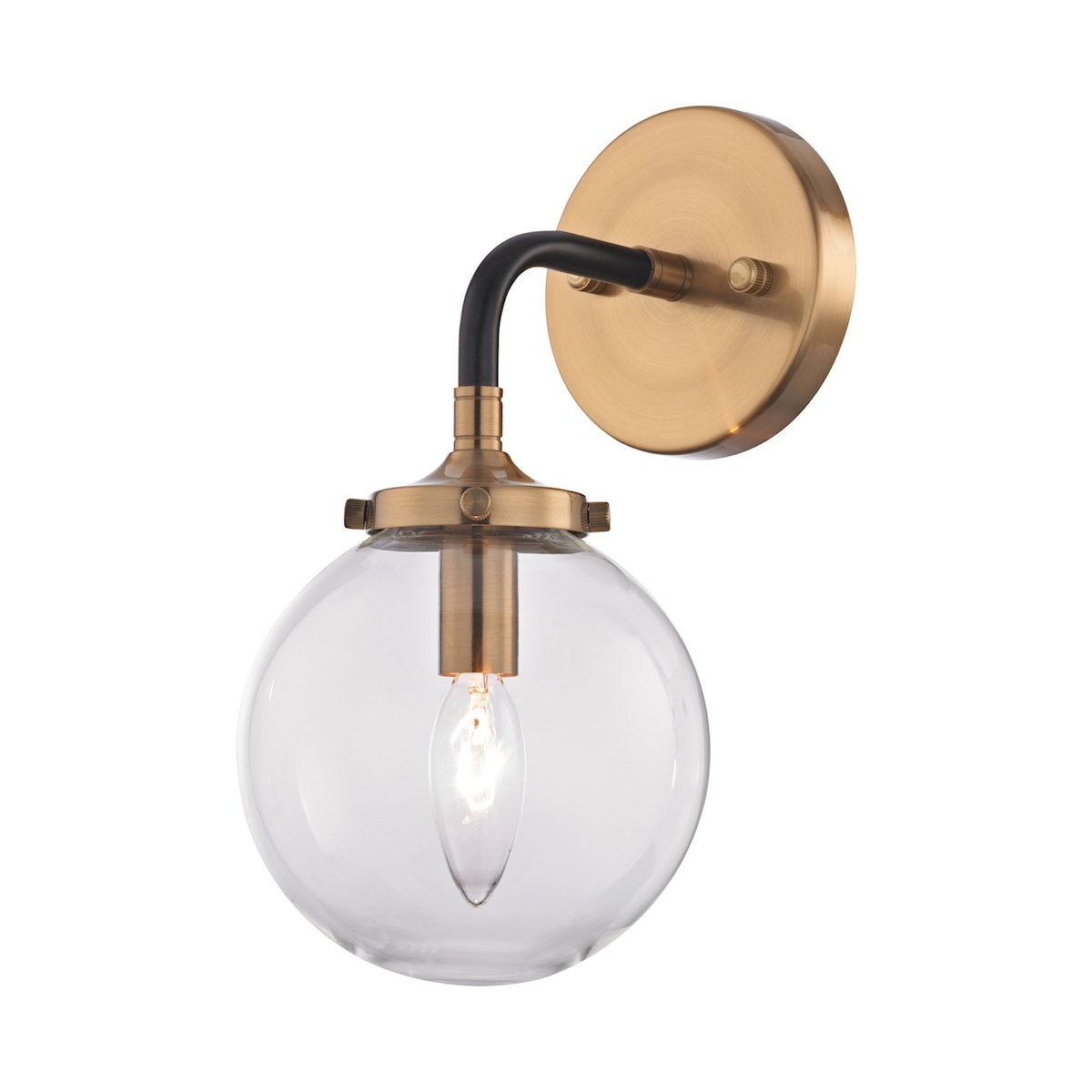 Boudreaux 1-Light Wall Lamp in Antique Gold and Matte Black with Sphere-shaped Glass