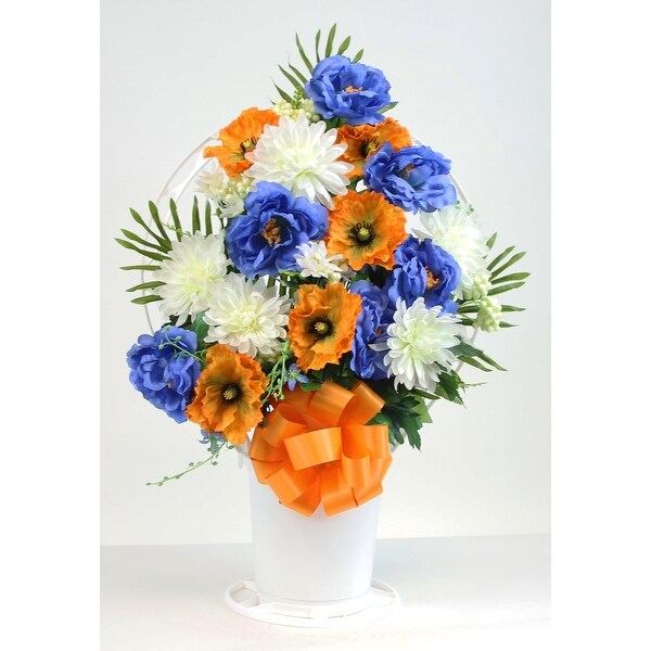 Memorial Rose Poppy and Mum Mix Arrangement in Large，White Cemetery Hoop Basket with Handle