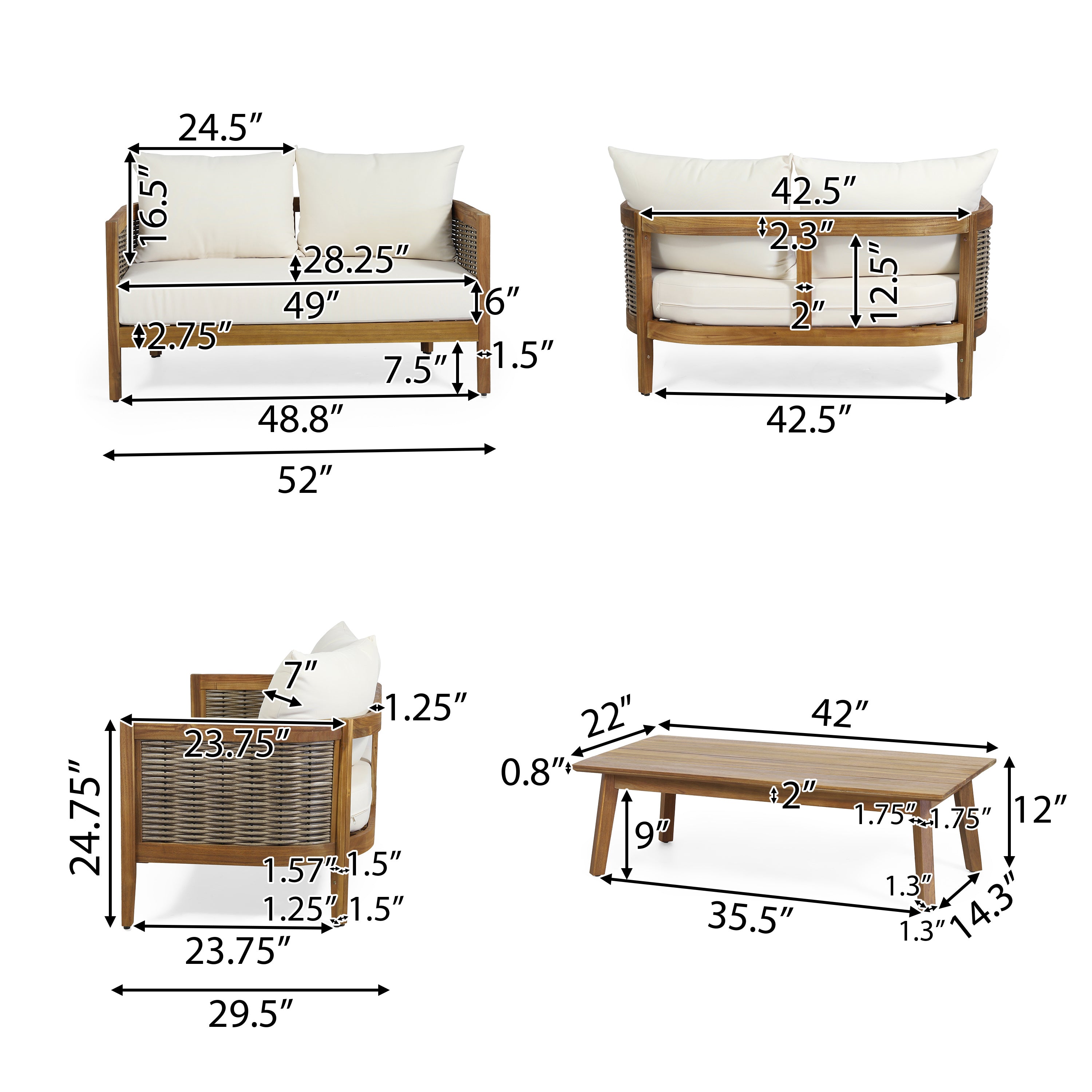 The Crowne Collection Outdoor Acacia Wood 4 Seater Chat Set with Cushions