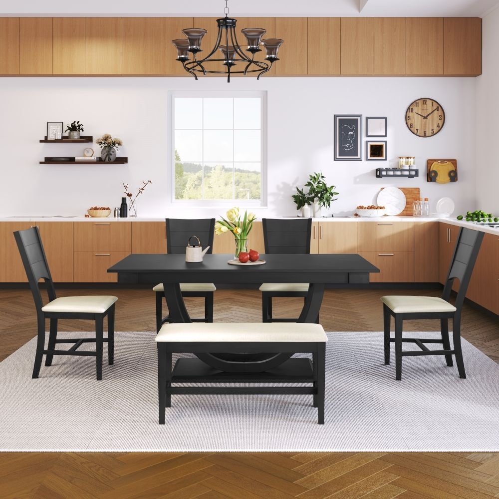 6 Piece Wood Half Round Dining Table Set Kitchen Table Set with Long Bench and 4 Dining Chairs