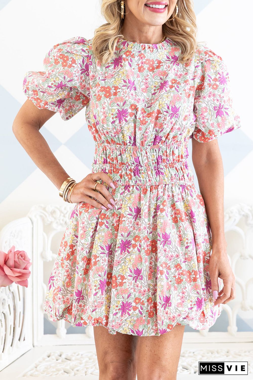 Red Puff Sleeve Smocked Waist Floral Dress