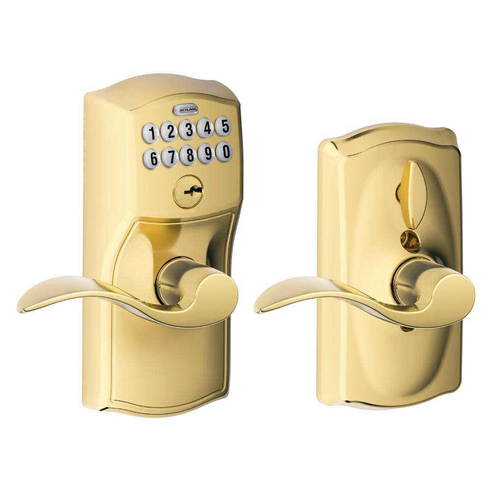 Schlage Camelot Bright Brass Electronic Keypad Door Lock with Accent Handle and Flex Lock FE595 CAM 505 ACC