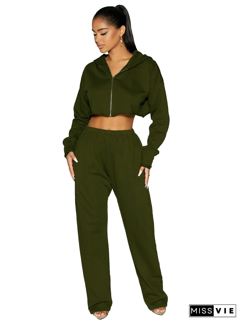 Thicken Zip Hooded Crop Top Wide Leg Pants Set