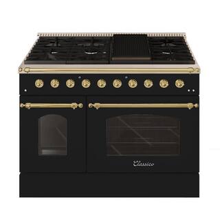 Hallman CLASSICO 48 in. TTL 6.7 Cu. ft. 8 Burner Freestanding Dual Fuel Range Gas Stove Electric Oven Glossy Black Brass Trim HCLRDF48BSGB