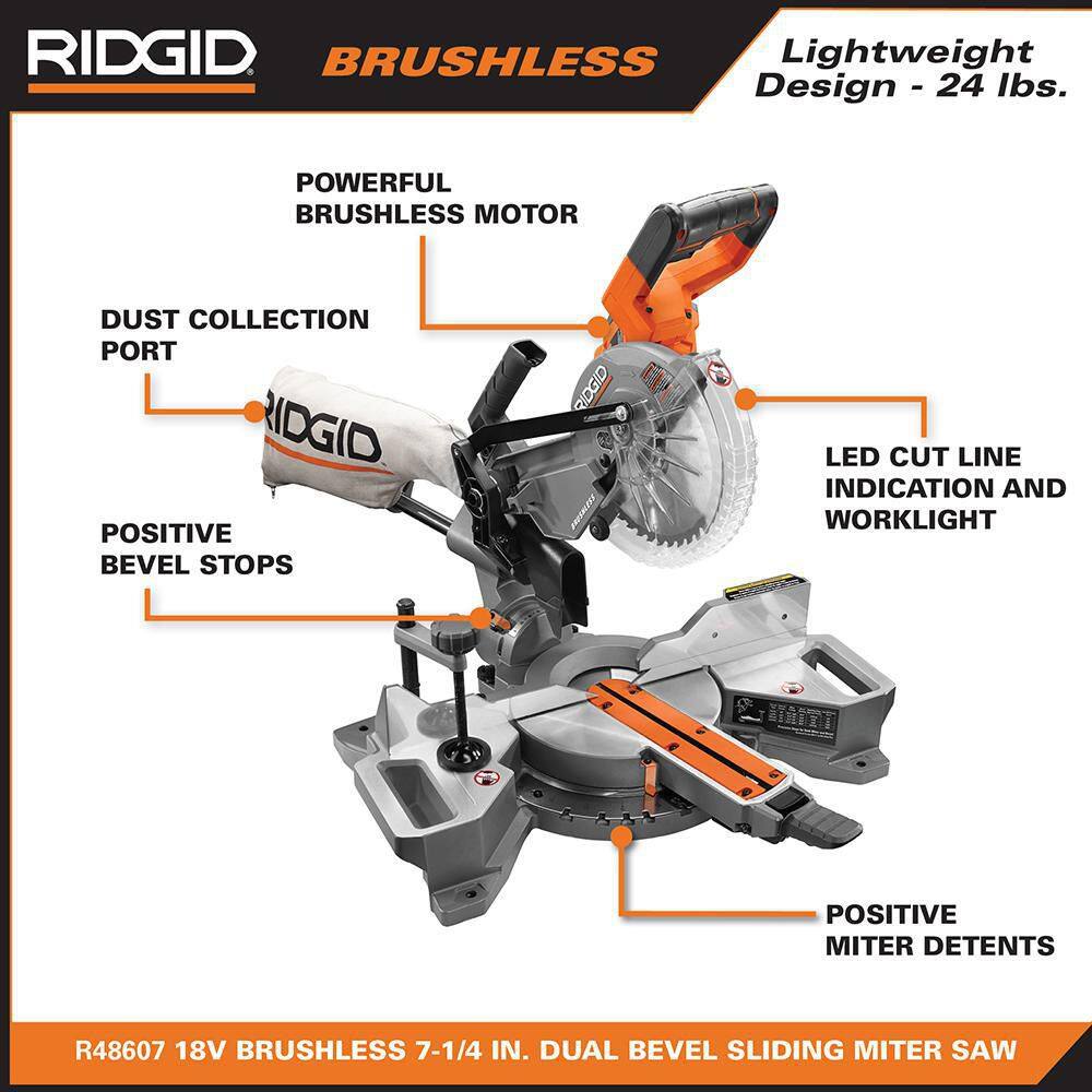 RIDGID 18V MAX Output Kit with 6.0 Ah and 4.0 Ah MAX Output Batteries Charger  18V Brushless 7-14 in. Sliding Miter Saw AC840060SB1-R48607B