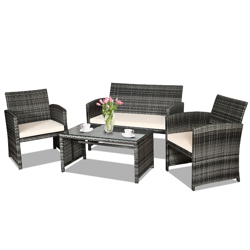 4 Pieces Patio Rattan Furniture Set Top Sofa With Glass Table