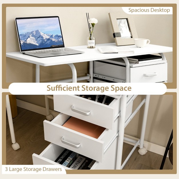 Tangkula Folding Computer Laptop Desk Wheeled Home Office Furniture W 3 Drawers White