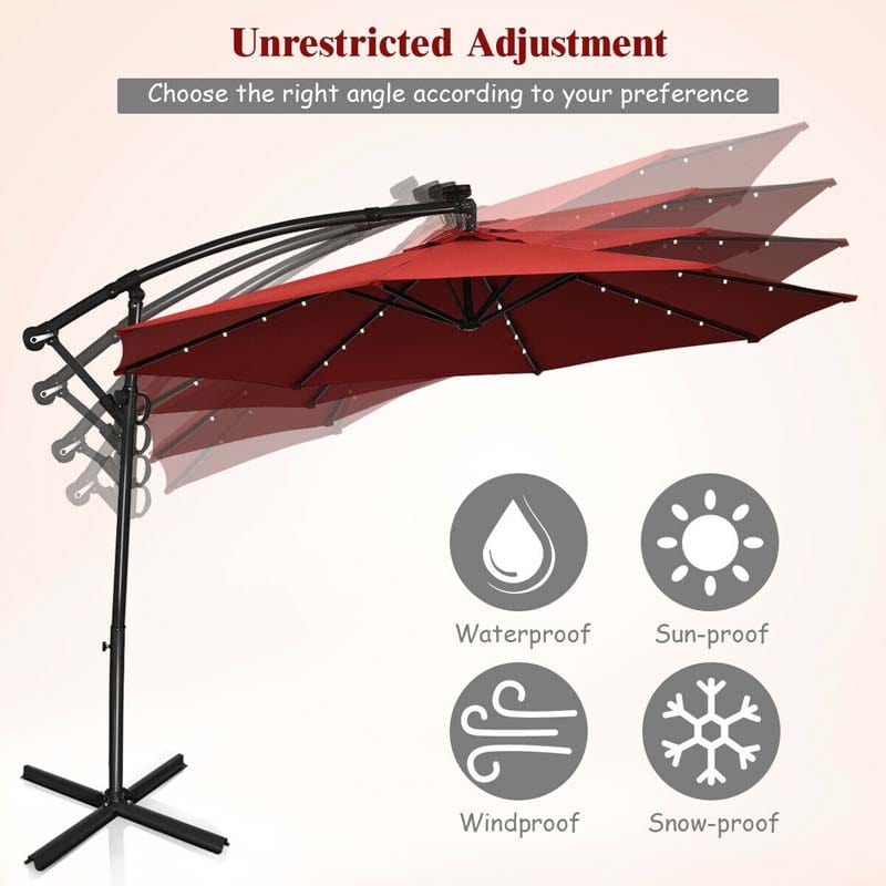 10 FT Patio Offset Umbrella with Solar Lights 360° Rotation Outdoor Market Umbrella with Crank Handle & Cross Base